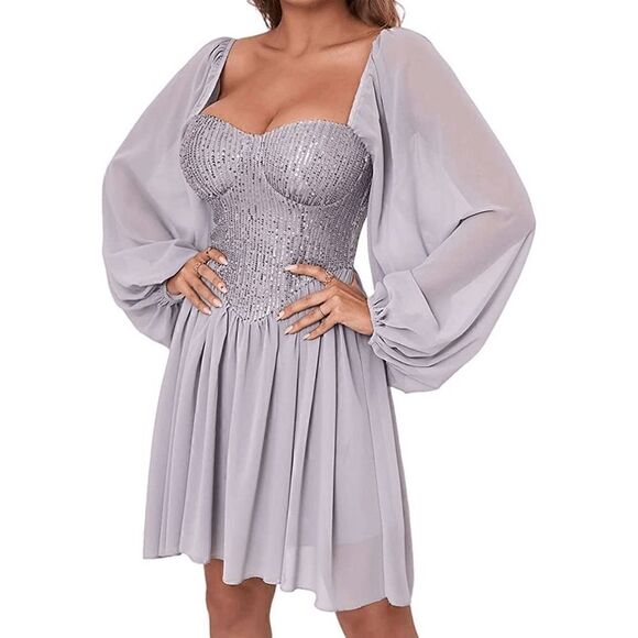 Long Lantern Sleeve Sequin Cocktail Party Bridesmaid Swing Dress SIZE M NEW - Picture 1 of 13